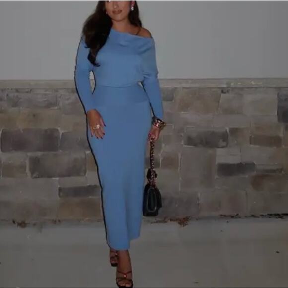 Simkhai Blue Off Shoulder Midi Sweater Dress SMALL Blouson Dolman Designer $425 - Picture 6 of 12